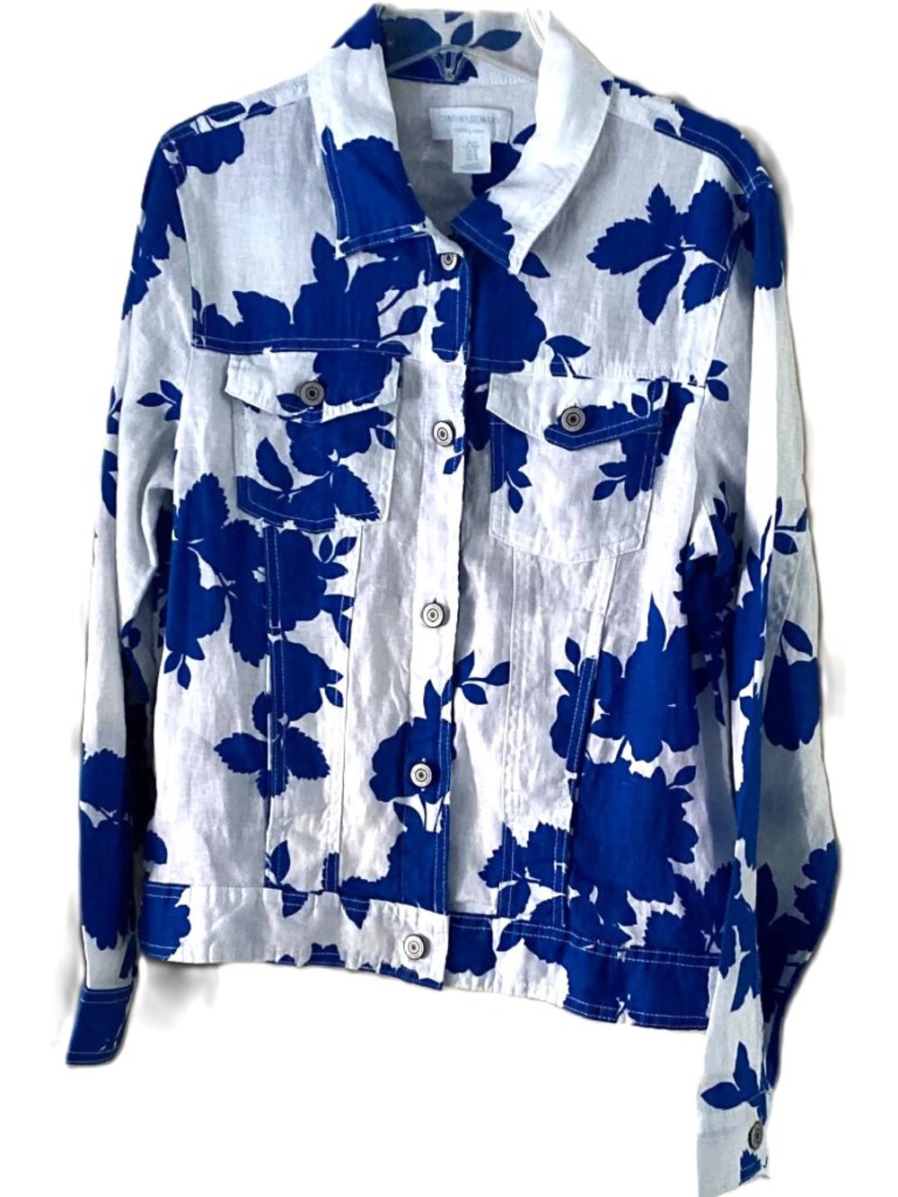 Cynthia Rowley 100% Linen Jean Jacket Style Blue Floral Trucker Women's M
